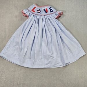 Girls Smocked LOVE Dress Blue Gingham Patriotic Red White Blue 4th Of July